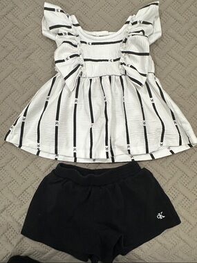 Calvin Klein White & Black Striped Ruffle Top with Black Shorts